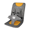 Portable baby car seat booster cushion in gray and yellow with a white bear face design on the front