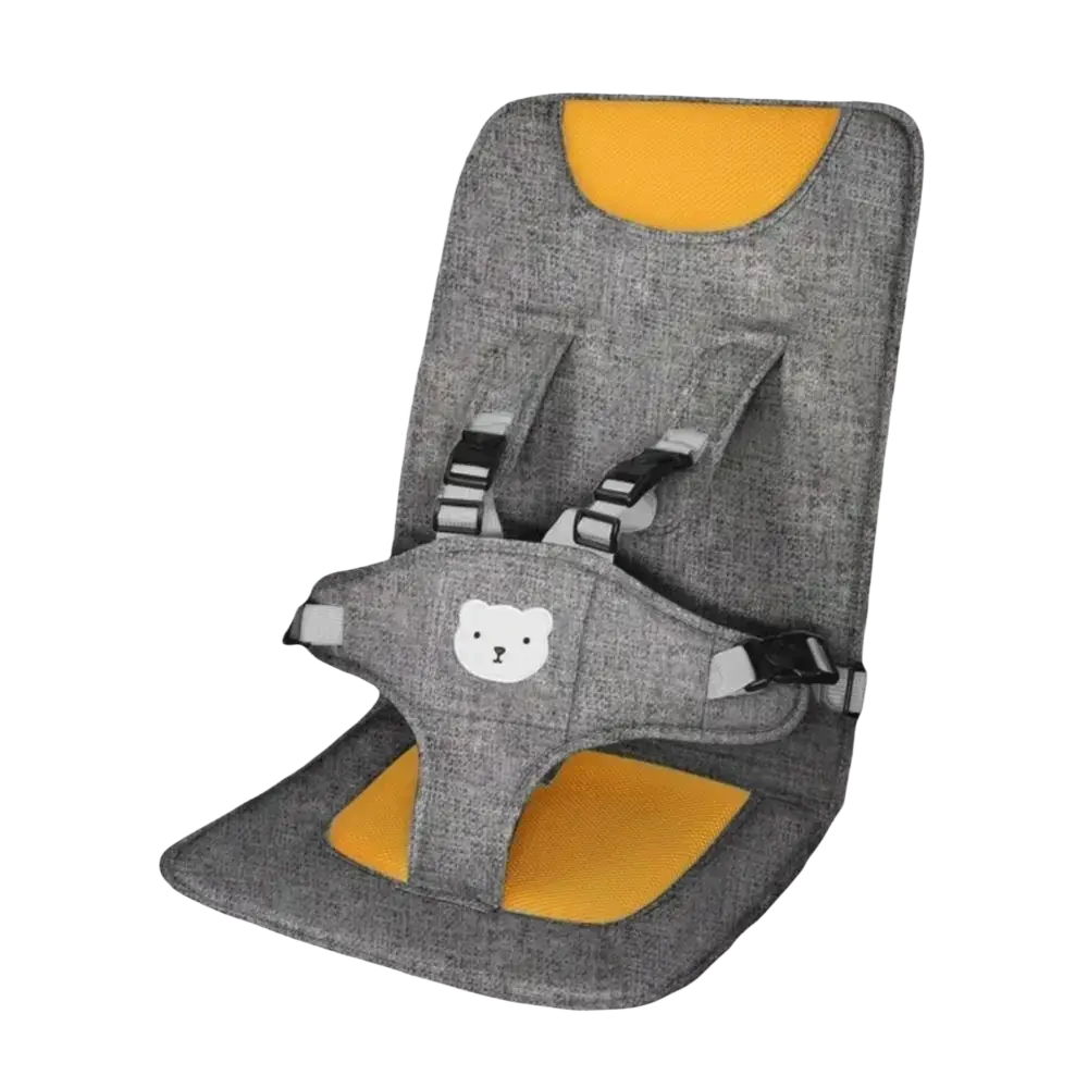 Portable baby car seat booster cushion in gray and yellow with a white bear face patch on the front