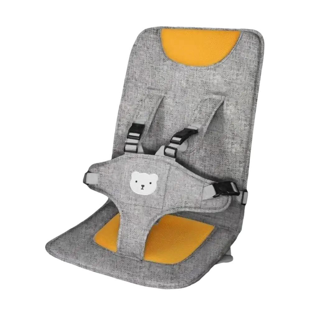 Portable baby car seat booster cushion in gray and yellow with a soft white bear face patch for added comfort