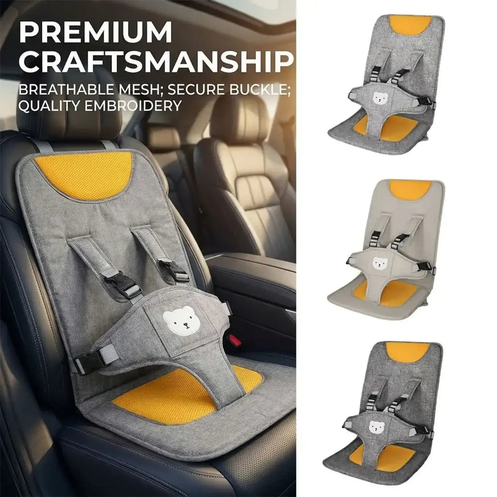 Gray and yellow breathable mesh portable baby car seat booster cushion with safety harness and embroidered bear face