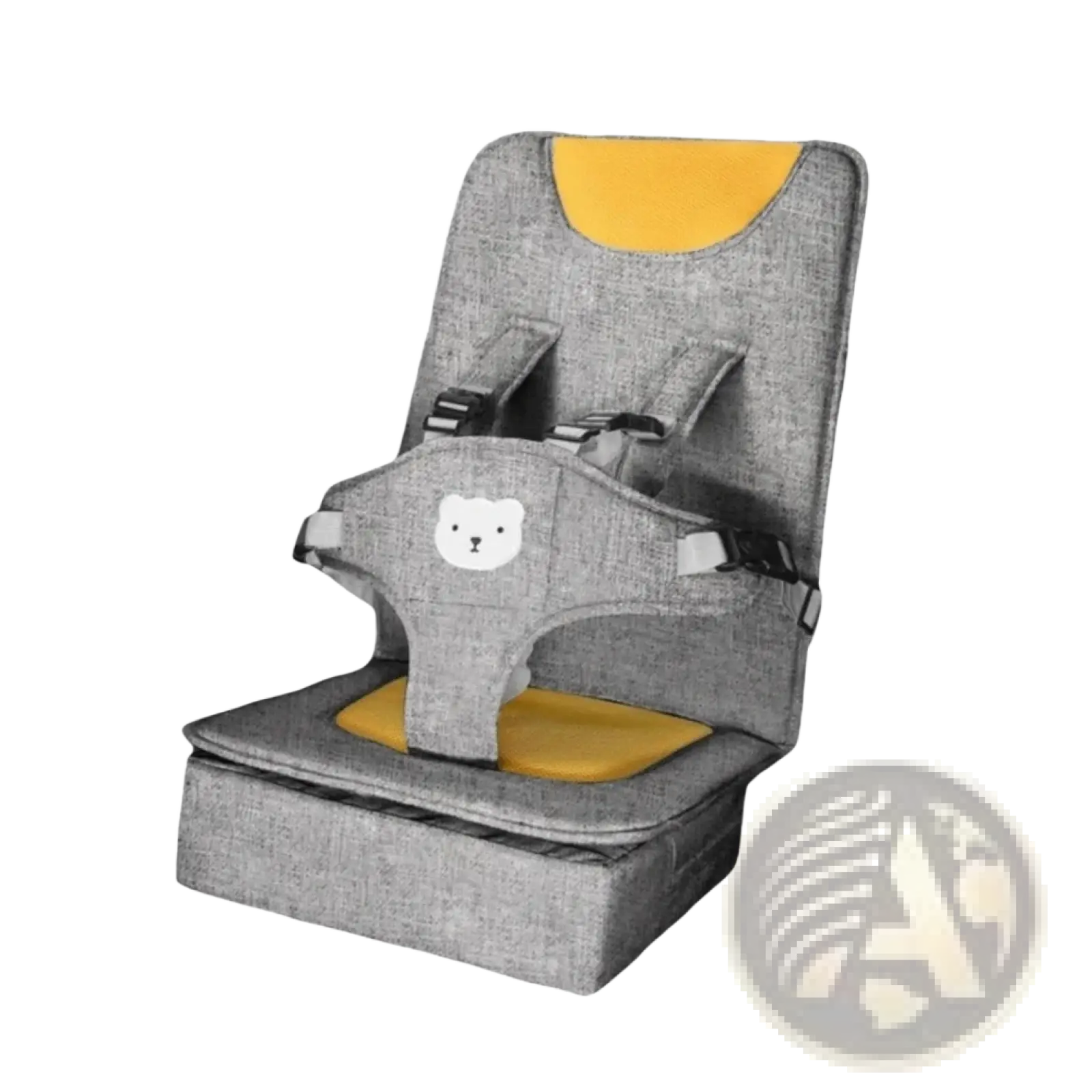 Portable baby car seat booster cushion in gray and yellow fabric with a white bear face design for comfort and safety