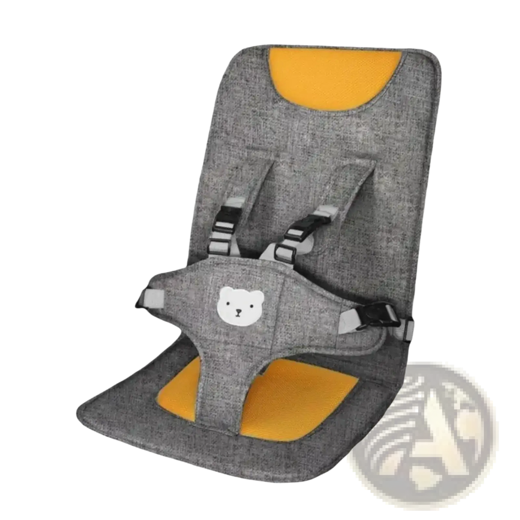 Portable baby car seat booster cushion in gray and yellow with a white bear face patch on the front