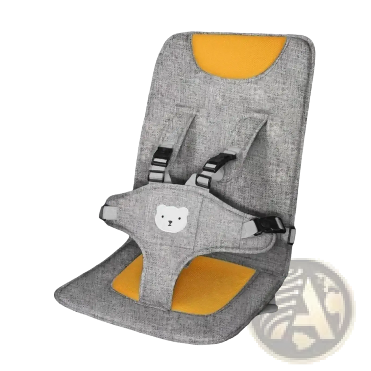 Portable baby car seat booster cushion in gray and yellow with a soft white bear face patch for added comfort