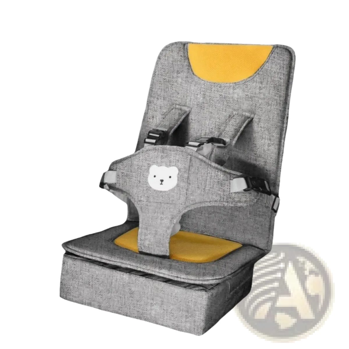 Portable baby car seat booster cushion in gray fabric with yellow accents and a white bear face design