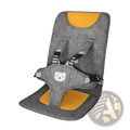 Portable baby car seat booster cushion in gray and yellow with a white bear face design on the front