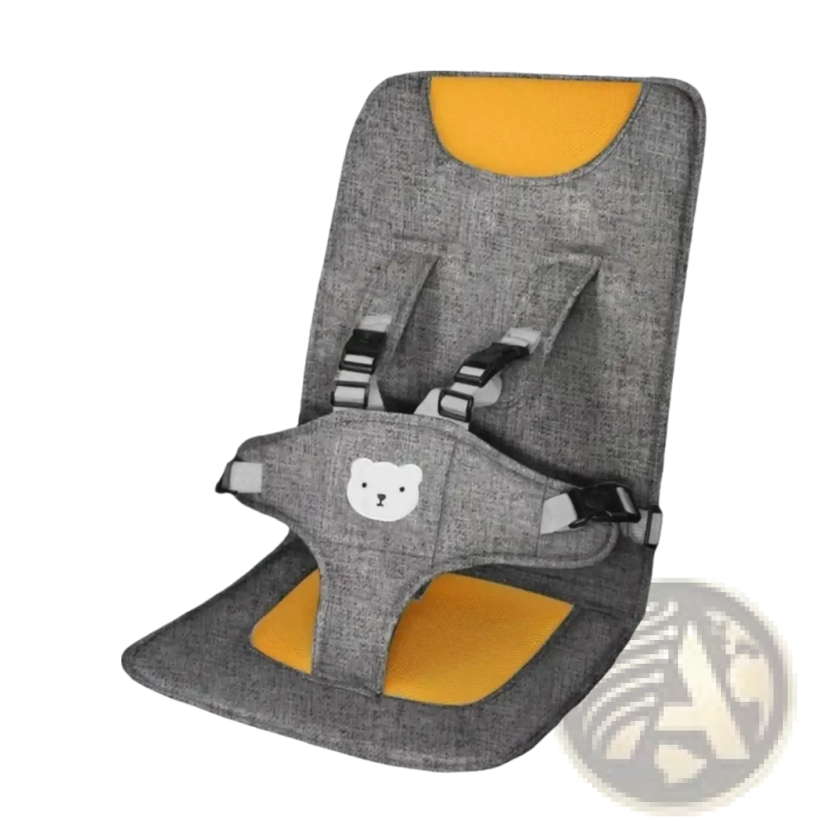 Portable baby car seat booster cushion in gray and yellow with a white bear face design on the front