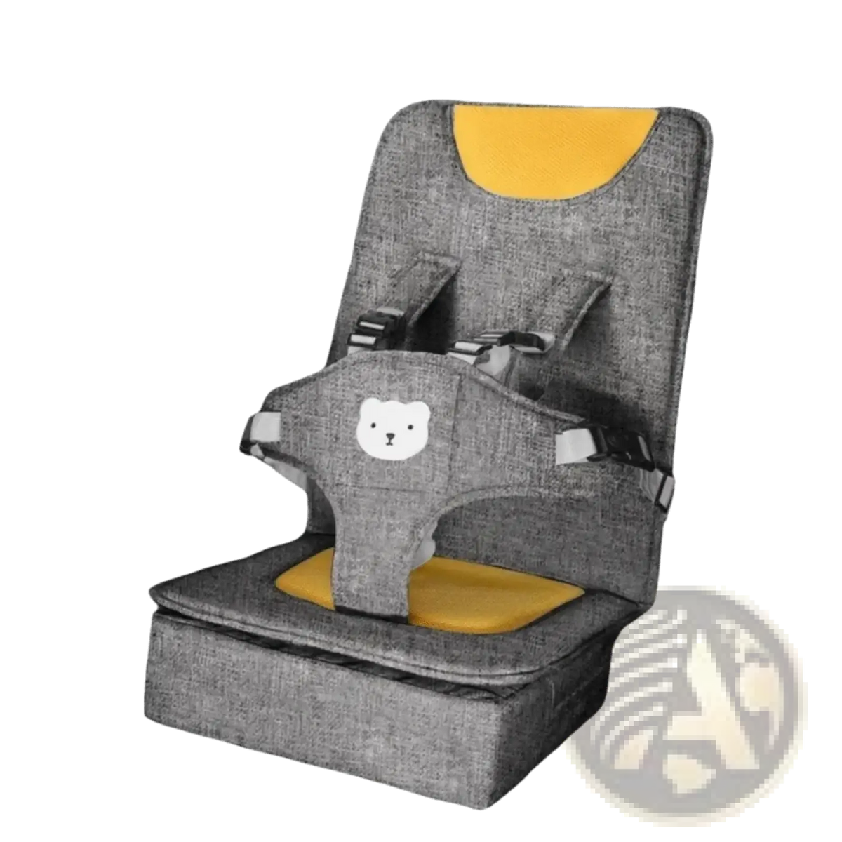 Gray fabric portable baby car seat booster cushion with yellow accents and white bear face patch on front side
