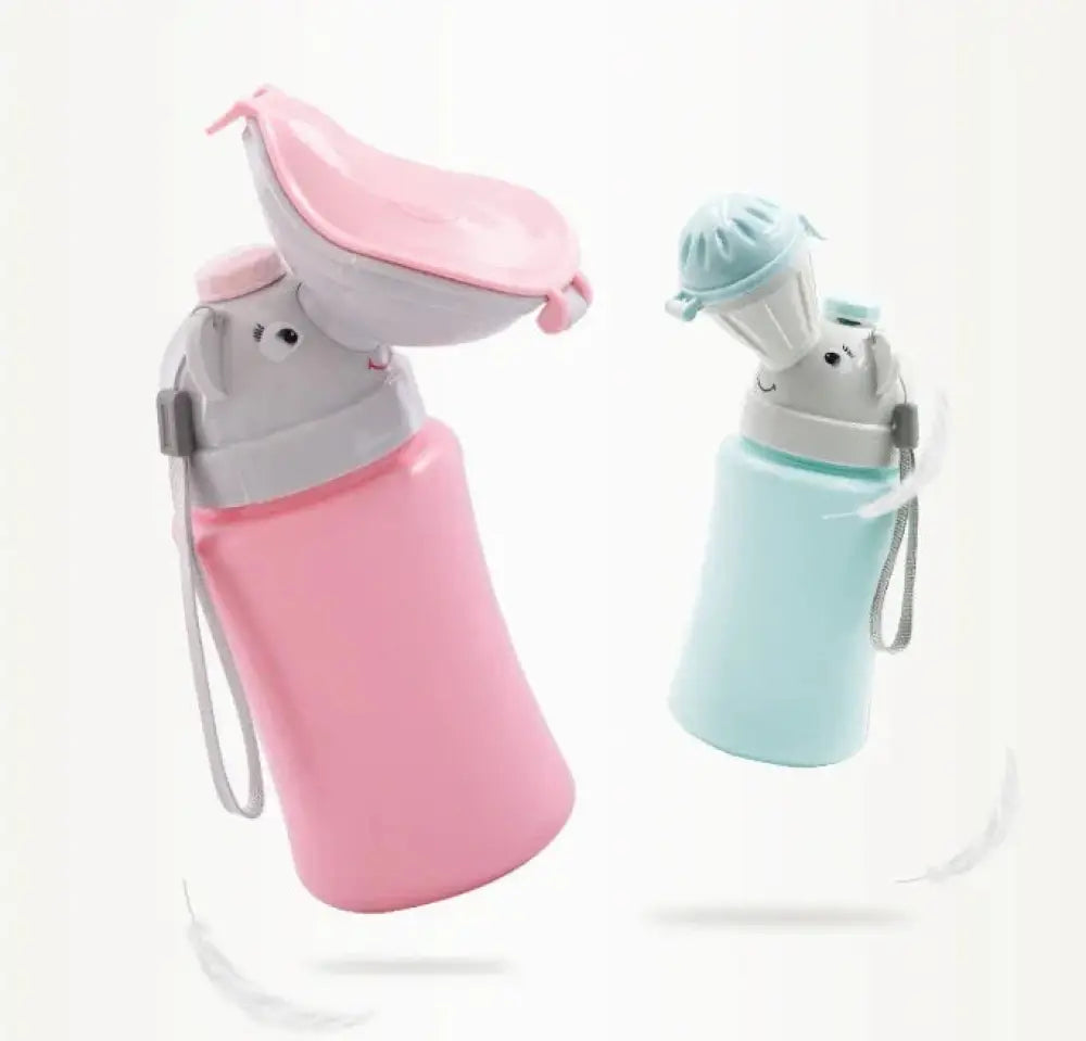 Ergonomic portable toddler training potties in pink and light blue with non slip base and elephant designs