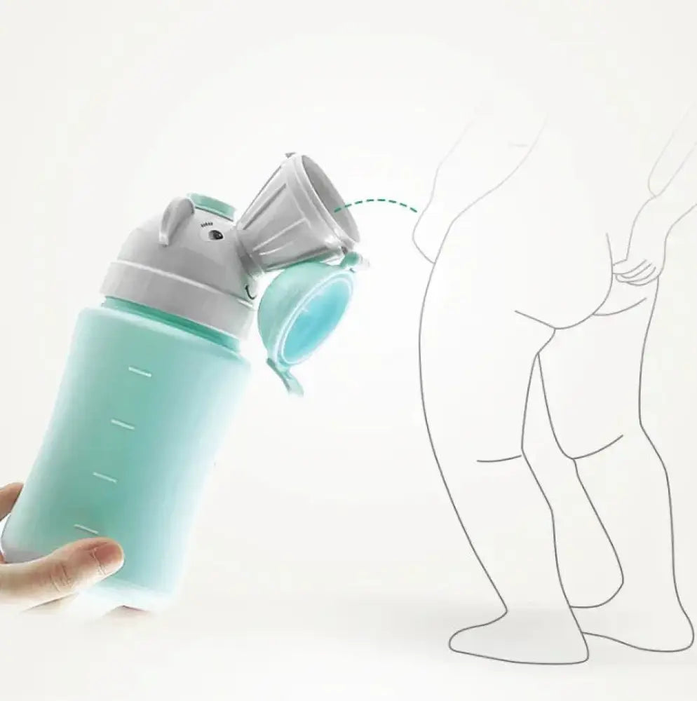 Ergonomic portable toddler training potty in teal silicone with gray and light blue lid featuring two small ears and non slip base