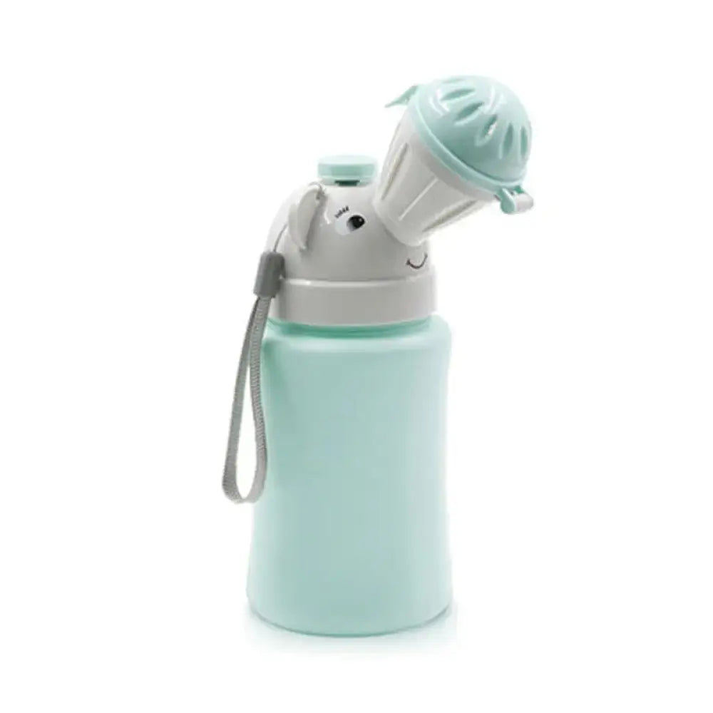 A mint green flexible silicone ergonomic portable toddler training potty with gray elephant face and non slip base
