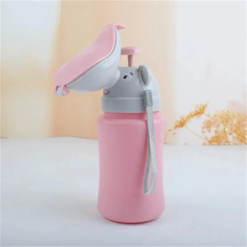 Ergonomic portable toddler training potty with non slip base featuring pink elephant-shaped water bottle with soft grip handle