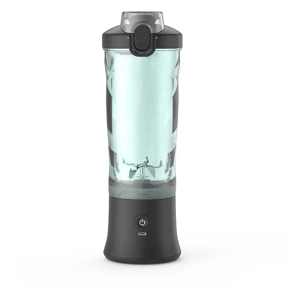 Arbaglobal portable 6-blade personal smoothie blender with a sleek translucent light blue cup and black lid and base with power button
