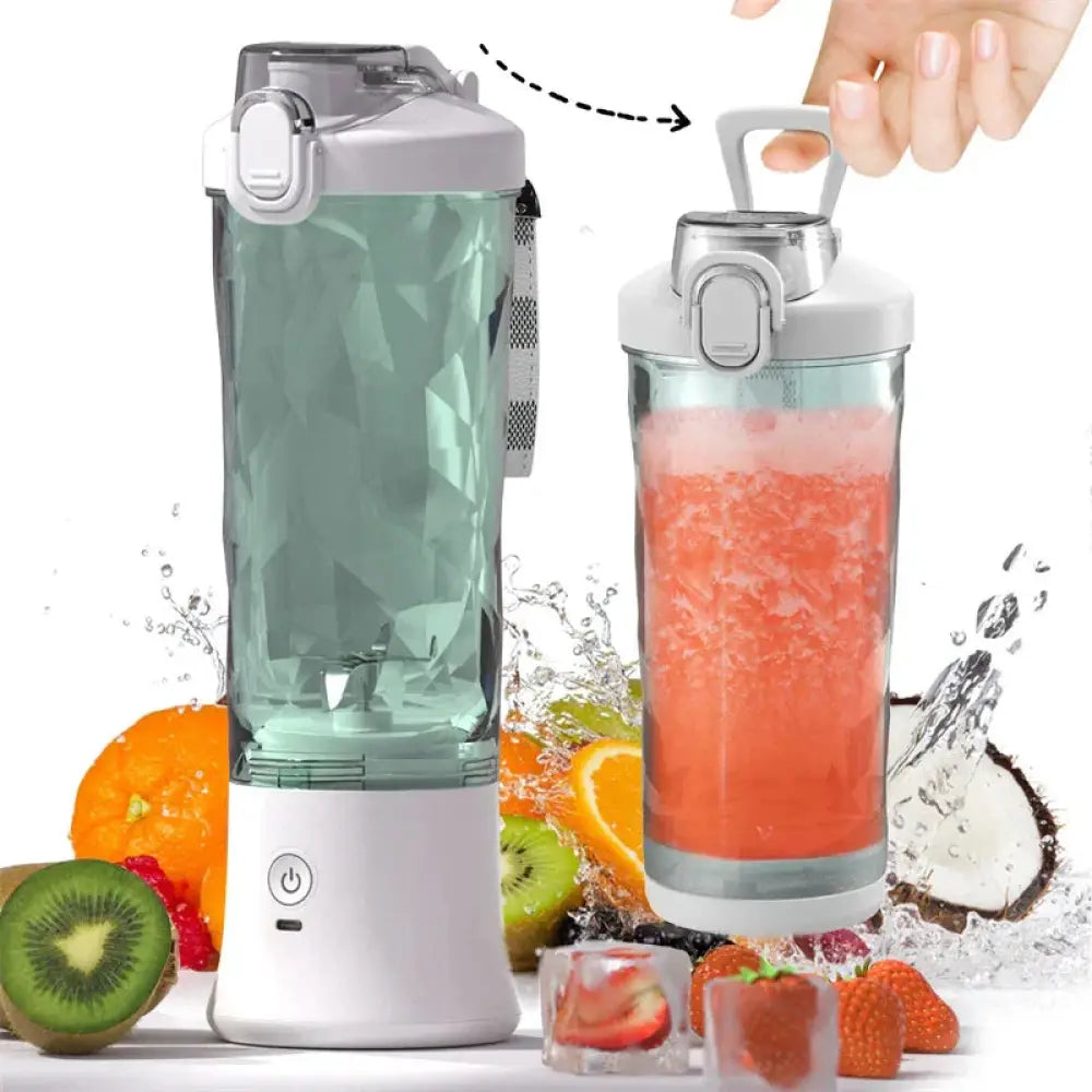Arbaglobal portable 6-blade personal smoothie blender in sleek translucent teal and white with geometric design and silver accents