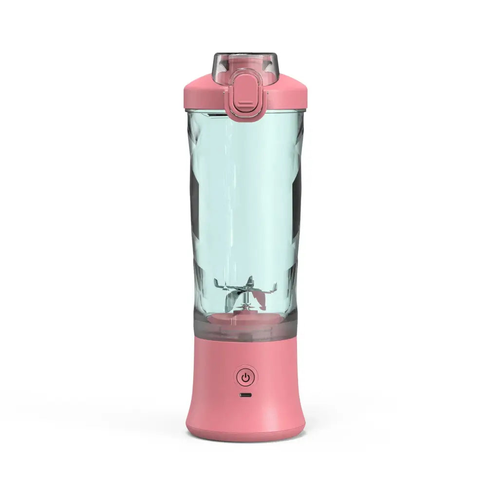 Arbaglobal portable 6-blade personal smoothie blender in pink with clear glass body and pink lid with integrated handle