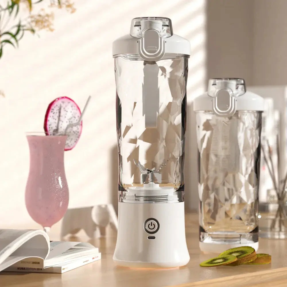 Arbaglobal portable 6-blade personal smoothie blender with white base and geometric patterned transparent glass jar