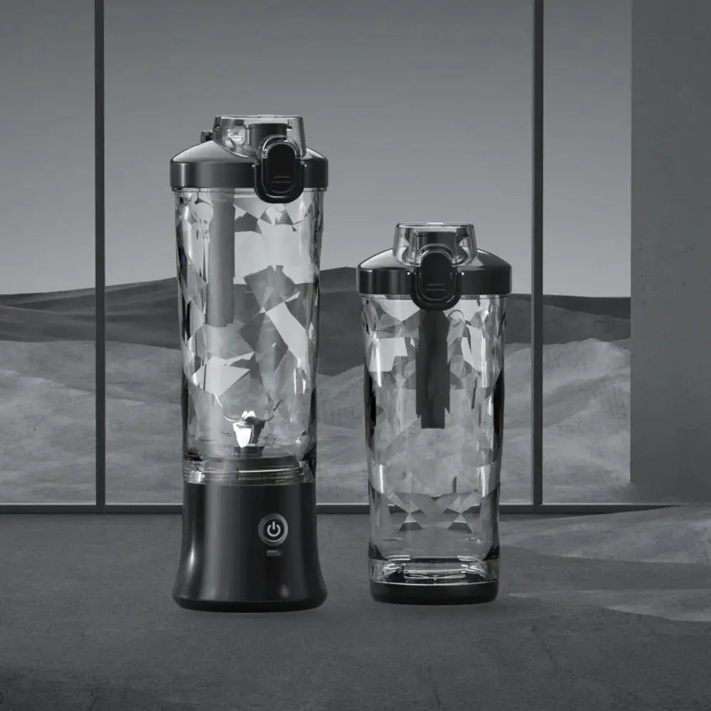 Two transparent faceted water bottles with black lids and bases for arbaglobal portable 6-blade personal smoothie blender