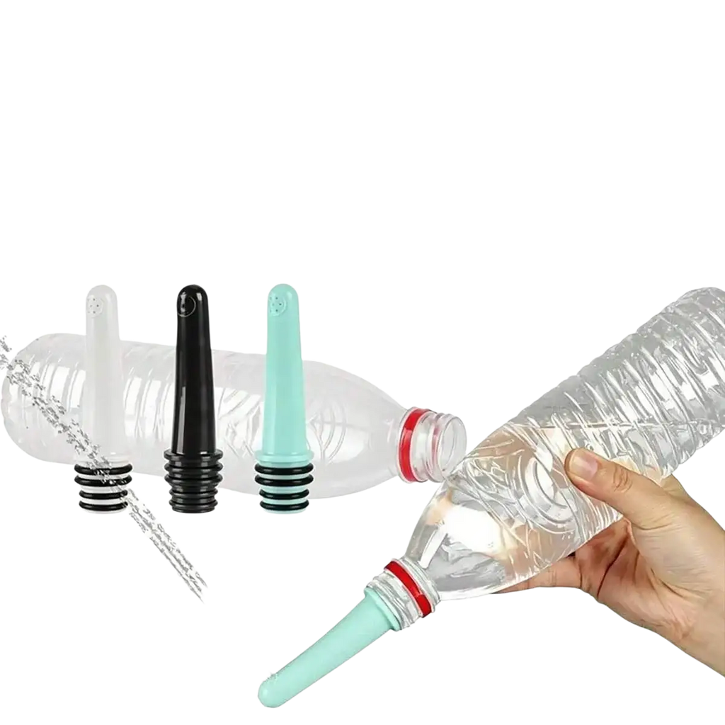 Portable bottle bidet nozzle 3-pack with light blue plastic nozzle and black rubber base for repurposed water bottle use