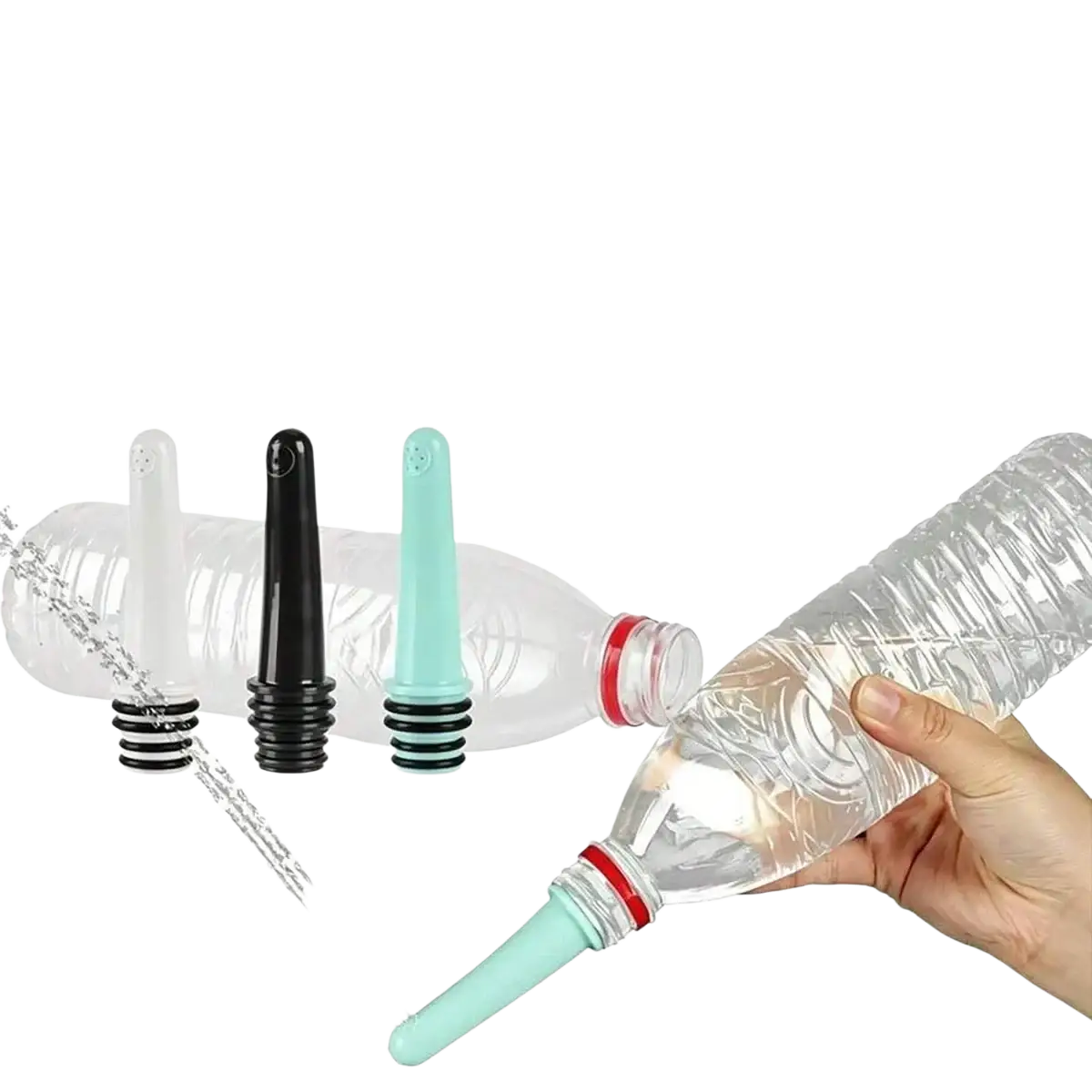 Portable bottle bidet nozzle 3-pack with light blue plastic nozzle and black rubber base for repurposed water bottle use