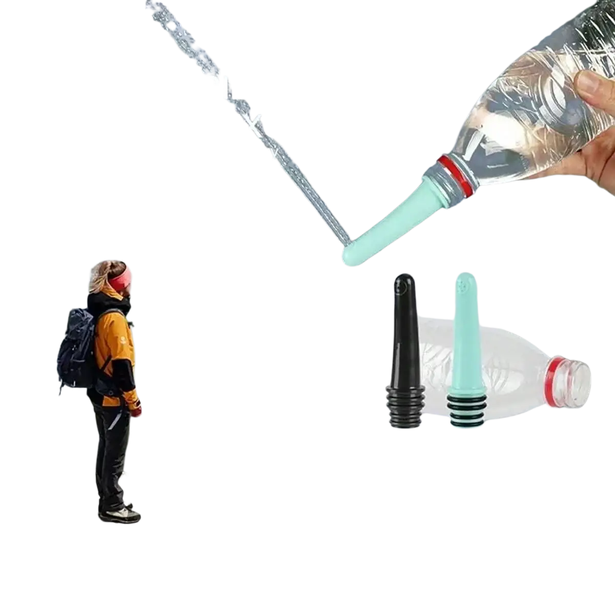 Light blue plastic portable bottle bidet nozzle with black rubber seals and red cap designed for water bottles