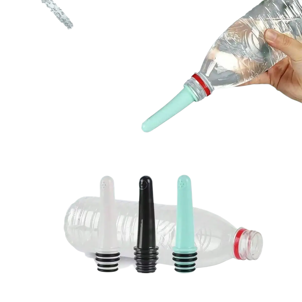 Portable bottle bidet nozzle 3-pack featuring light blue plastic nozzles with black ridged bases for water bottles