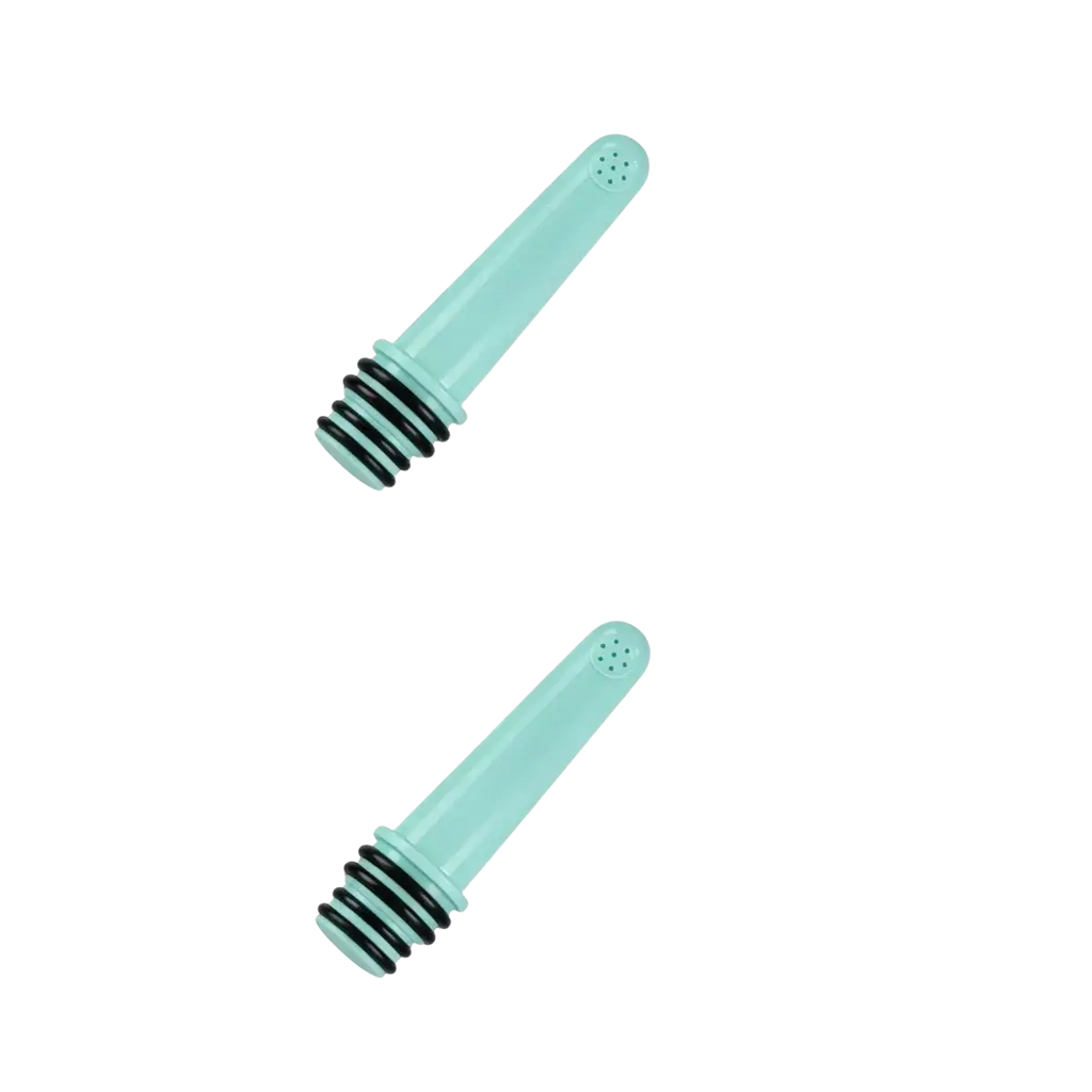 Pair of mint green plastic portable bottle bidet nozzles with black rubber gaskets and perforated tops in 3-pack