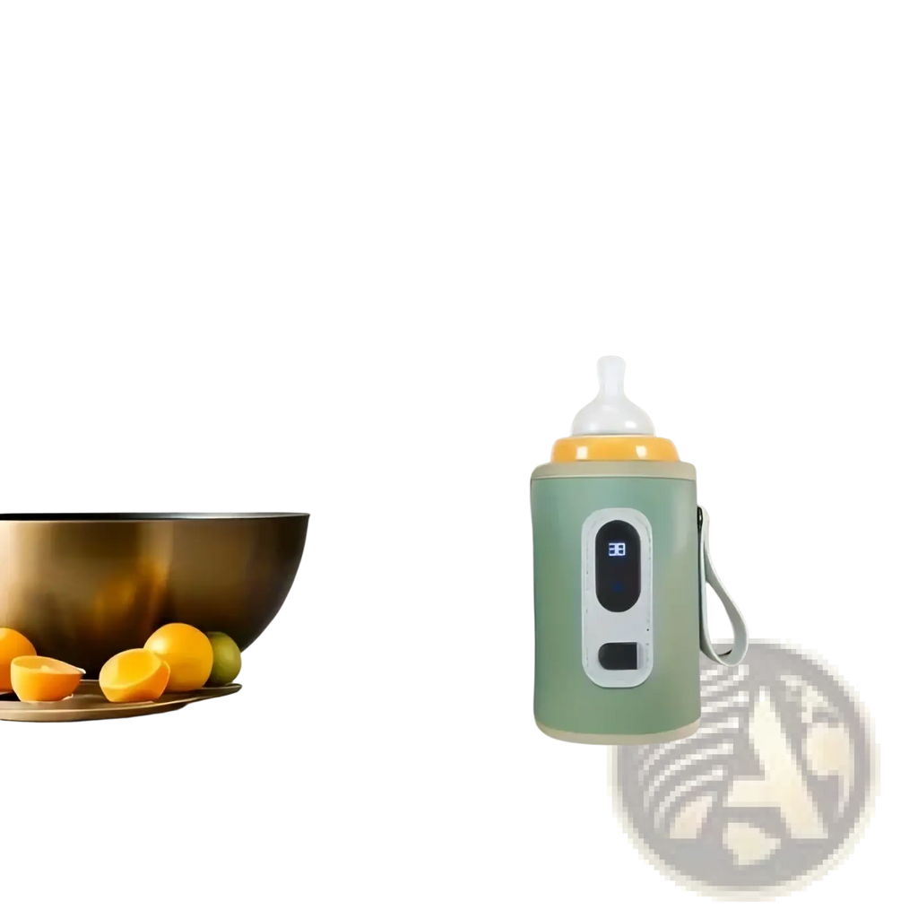 A mint-green portable bottle warmer with digital display and white handle snugly encases an orange baby bottle