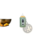 A mint-green portable bottle warmer with digital display and white handle snugly encases an orange baby bottle