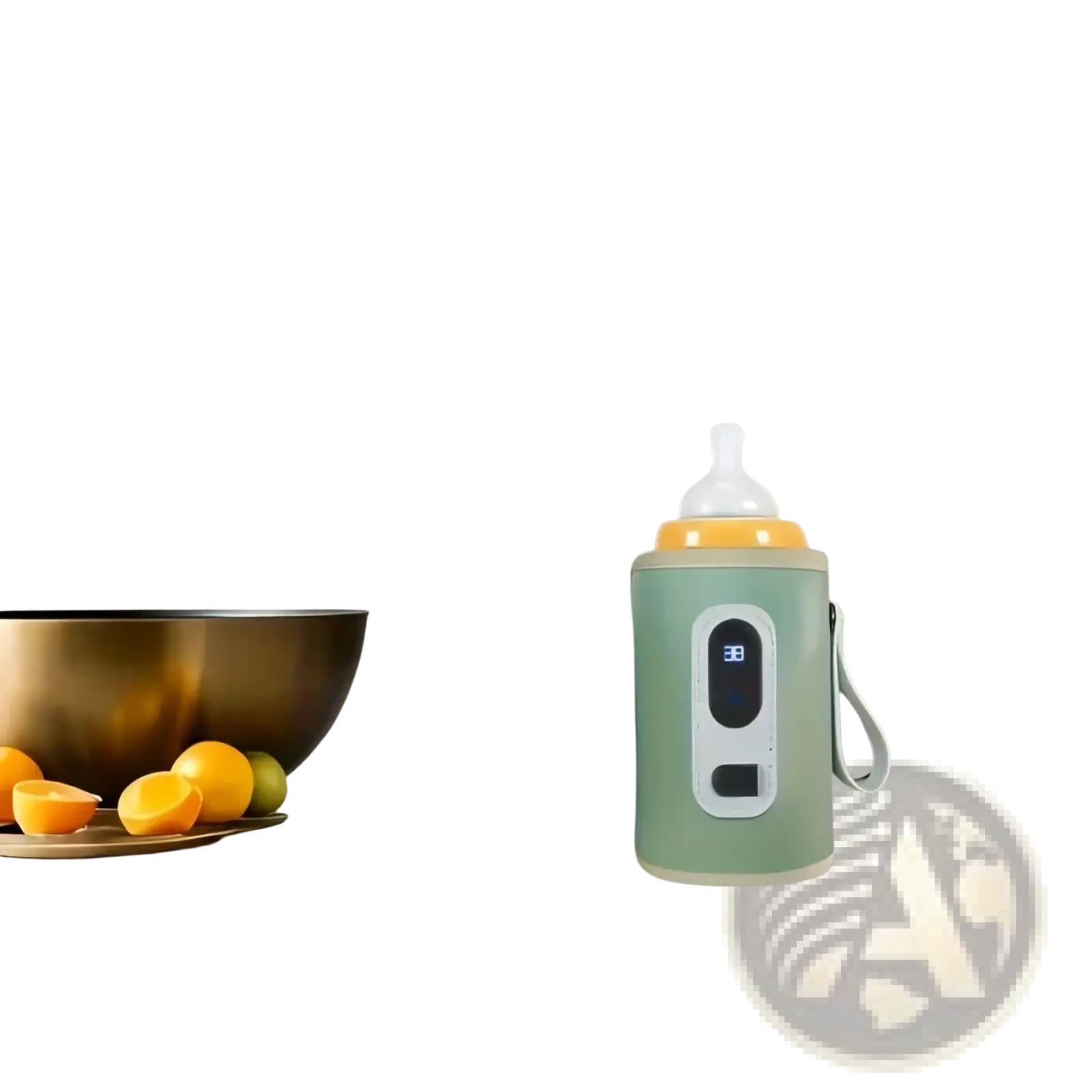 A mint-green portable bottle warmer with digital display and white handle snugly encases an orange baby bottle