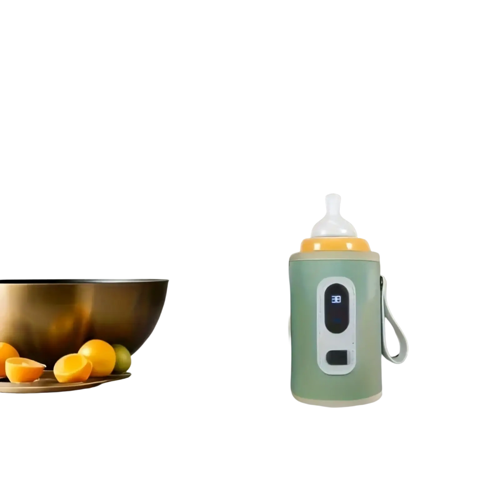 Mint green portable bottle warmer thermos sleeve with digital display and carrying strap for keeping baby bottles warm