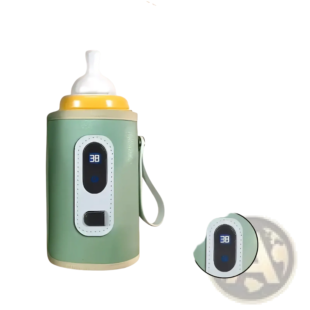 A sleek mint-green portable bottle warmer with digital display heating a yellow baby bottle inside