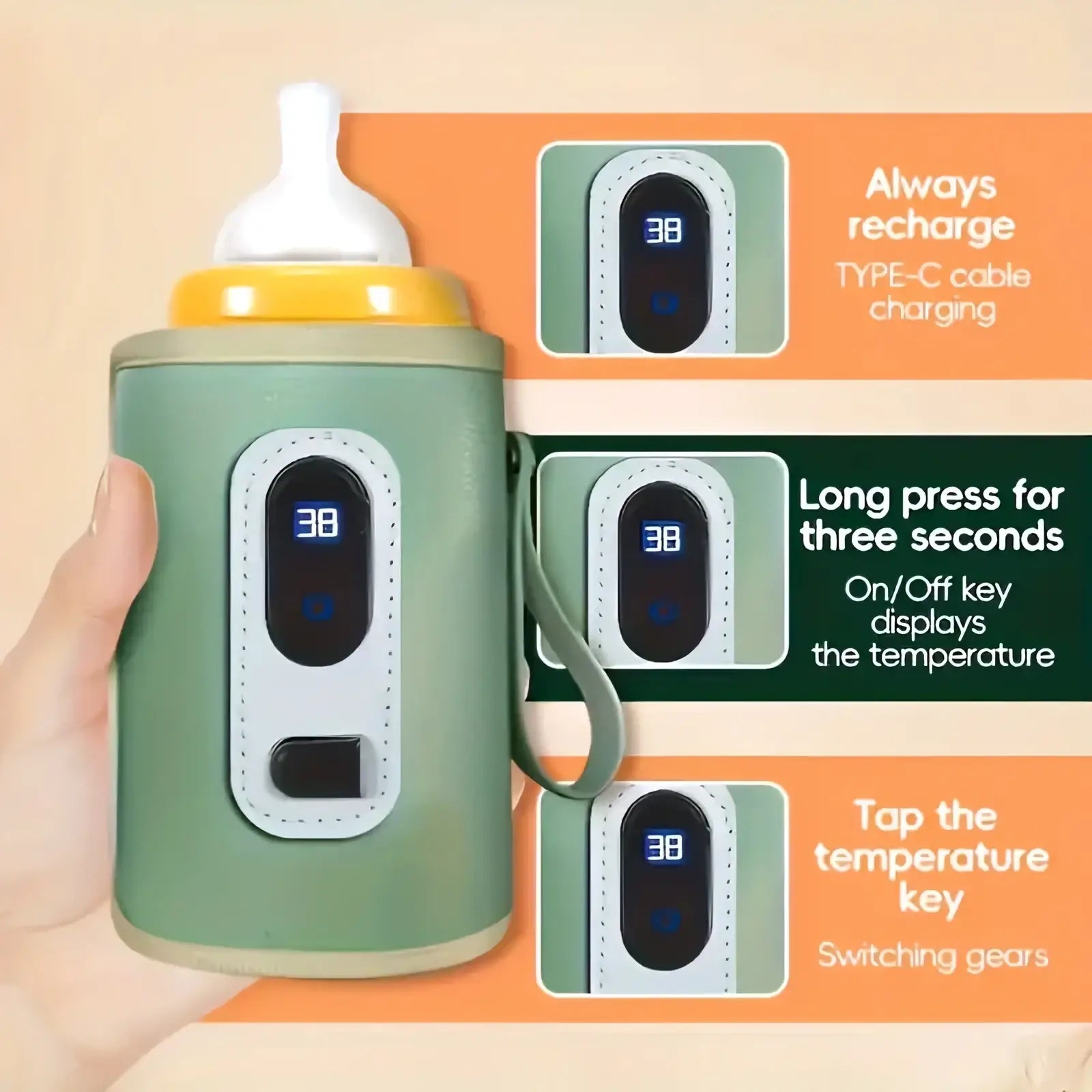 A sleek sage green portable bottle warmer with a white digital display showing 38 degrees and a yellow cap