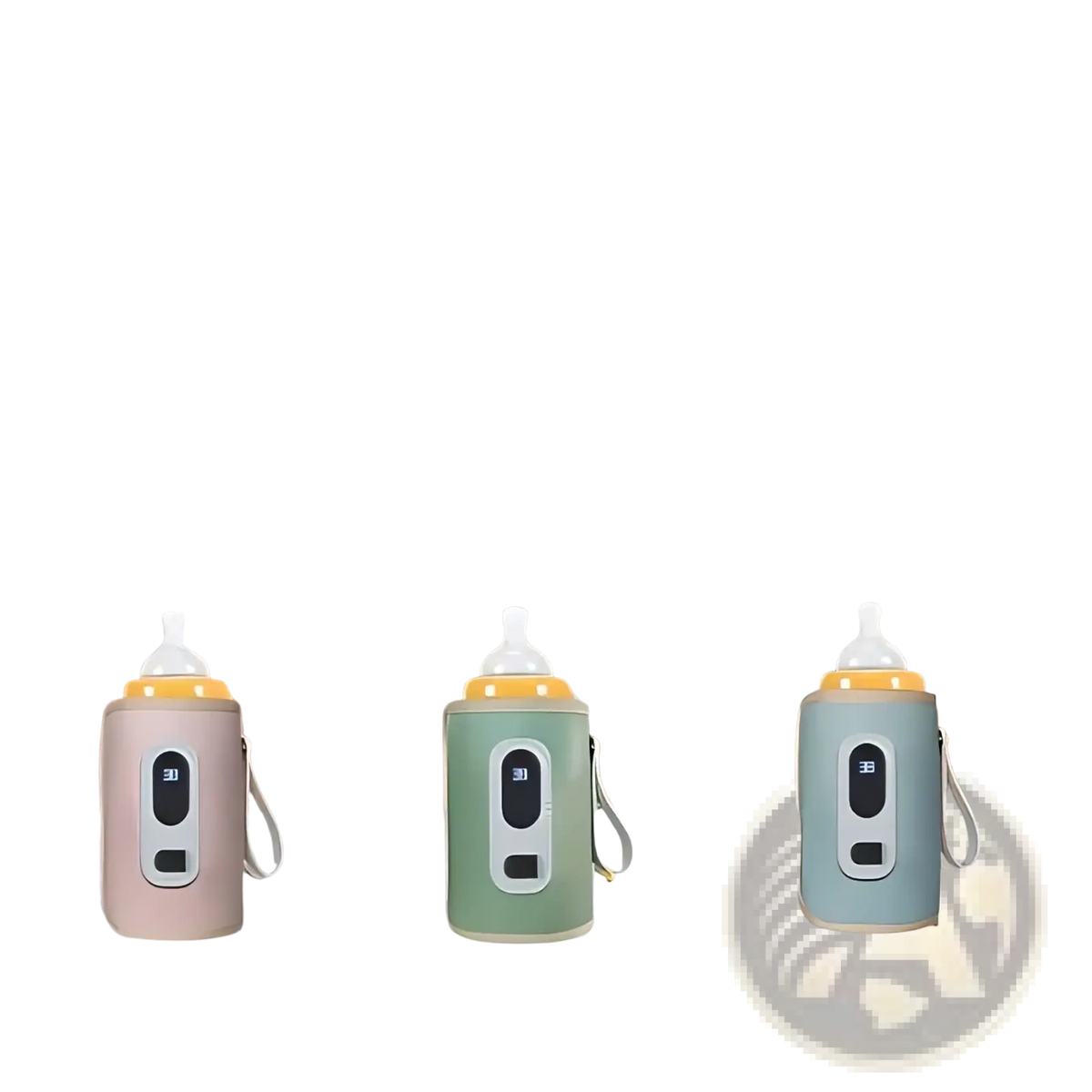 Three pastel portable bottle warmers with soft silicone sleeves and digital display panels for convenient warming