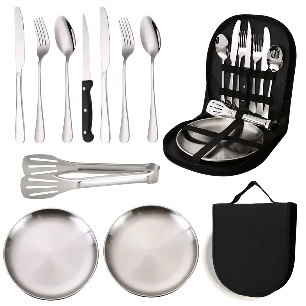 Portable camping dining set for two stainless steel 12-piece picnic set with black handles and compact carrying case