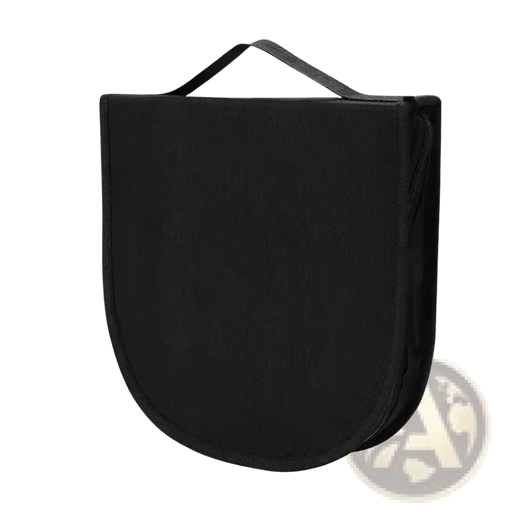 Black fabric pouch with top handle and zipper closure for portable camping dining set for two