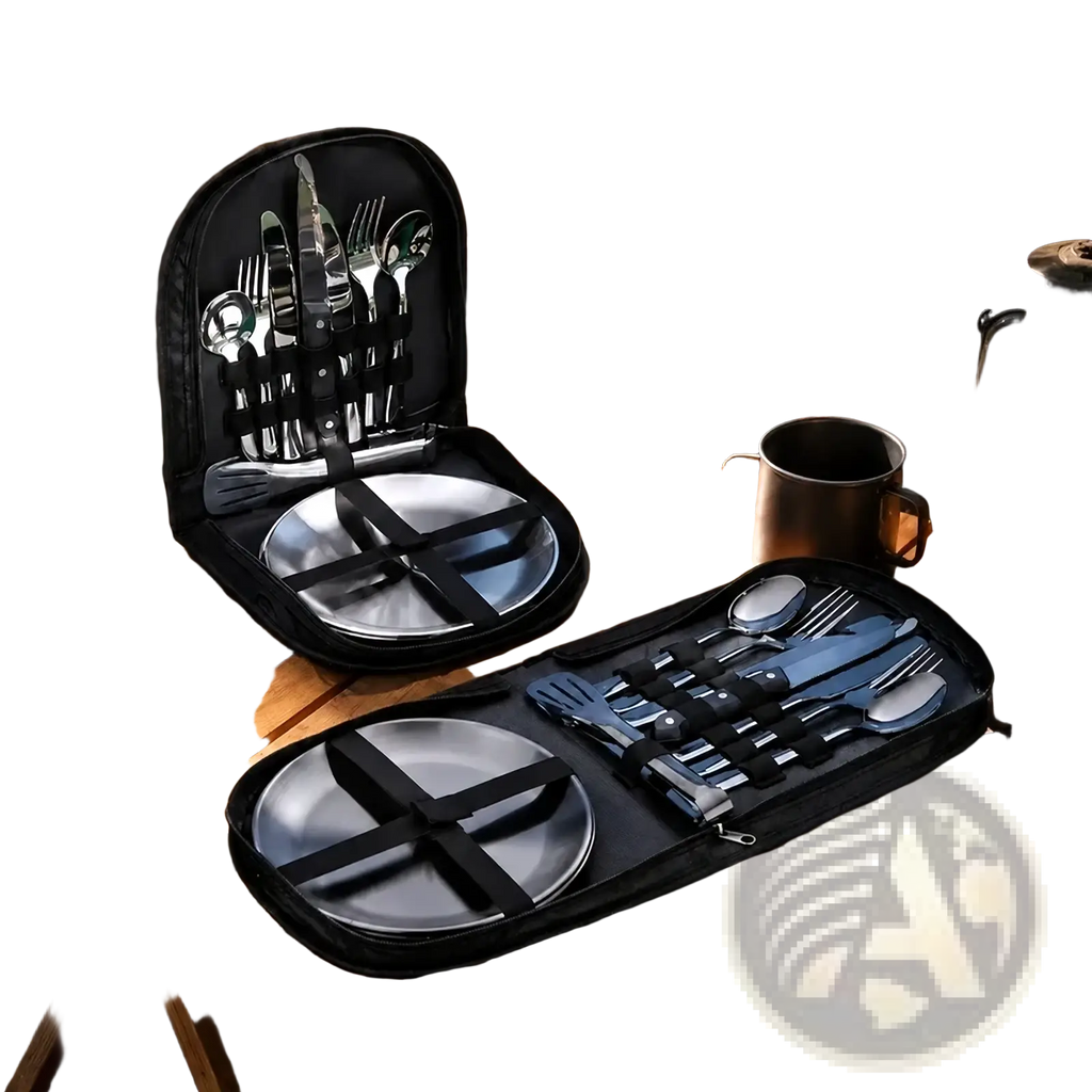 Black portable camping dining set for two with stainless steel plates and cutlery organized in a compact case