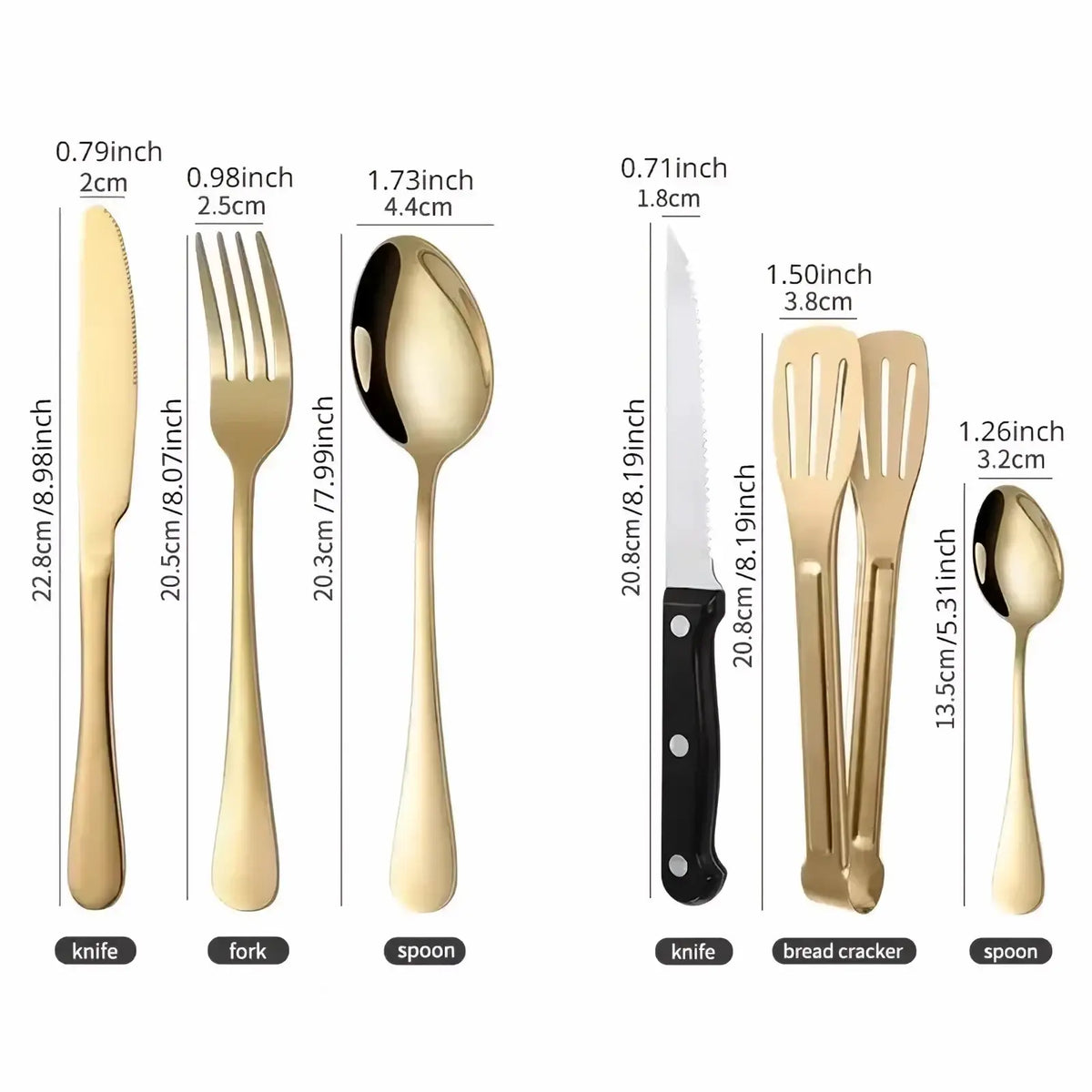 Gold-colored stainless steel portable camping dining set for two with sleek spoons forks and knives in modern design