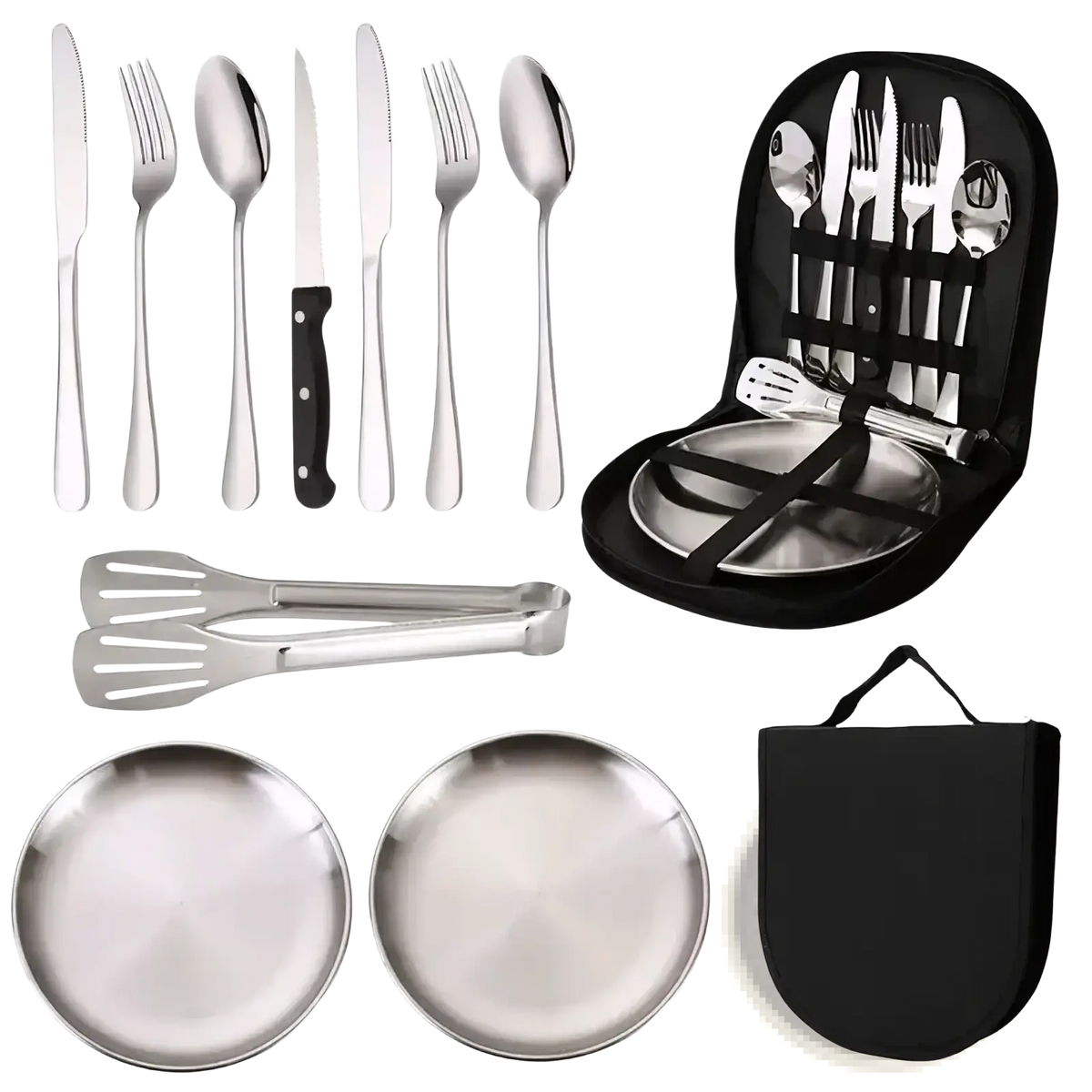 Portable camping dining set for two stainless steel 12-piece picnic set with black handles and compact carrying case