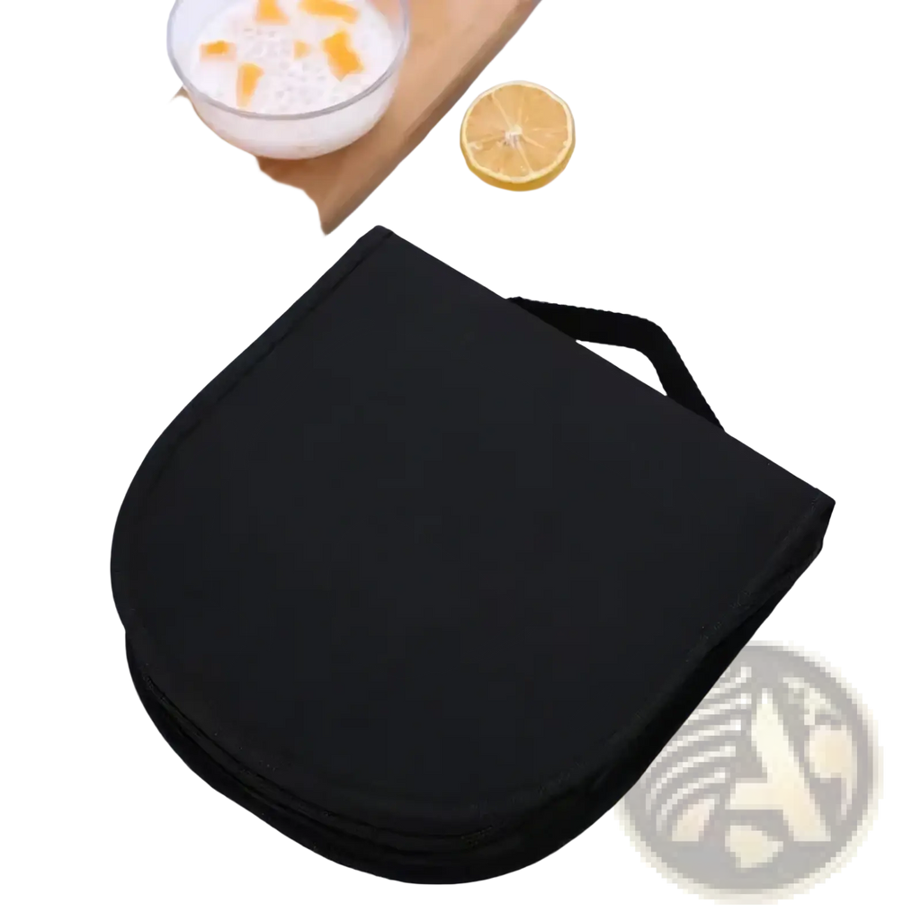 Black fabric travel case with short handle for portable stainless steel camping dining set for two