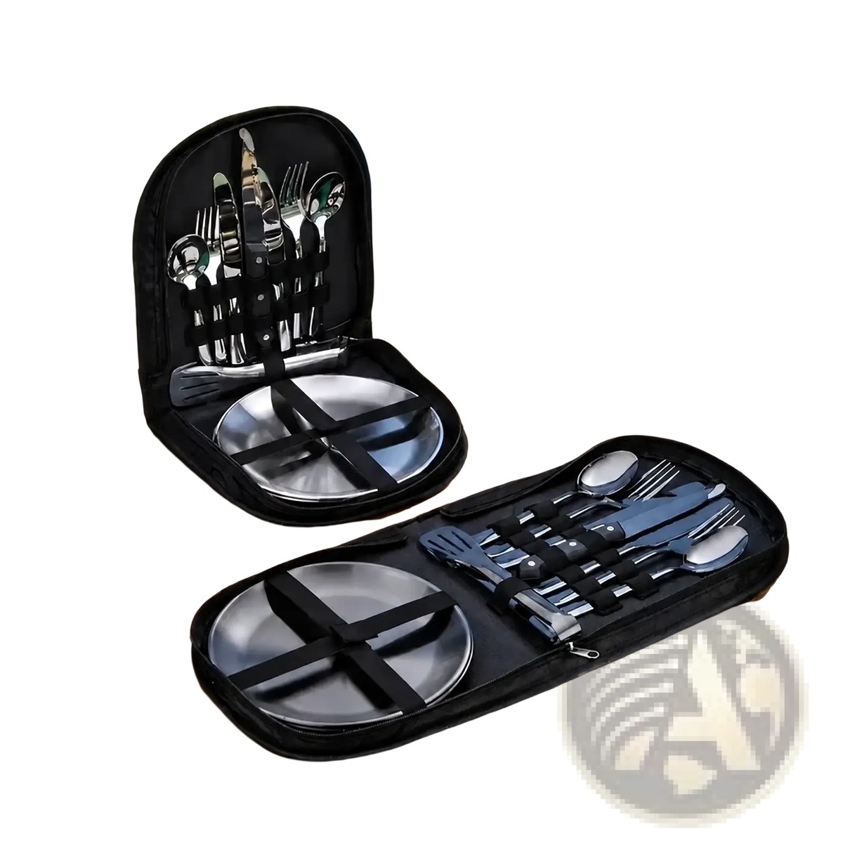 Black portable camping dining set for two with stainless steel cutlery and plates in a compact carrying case