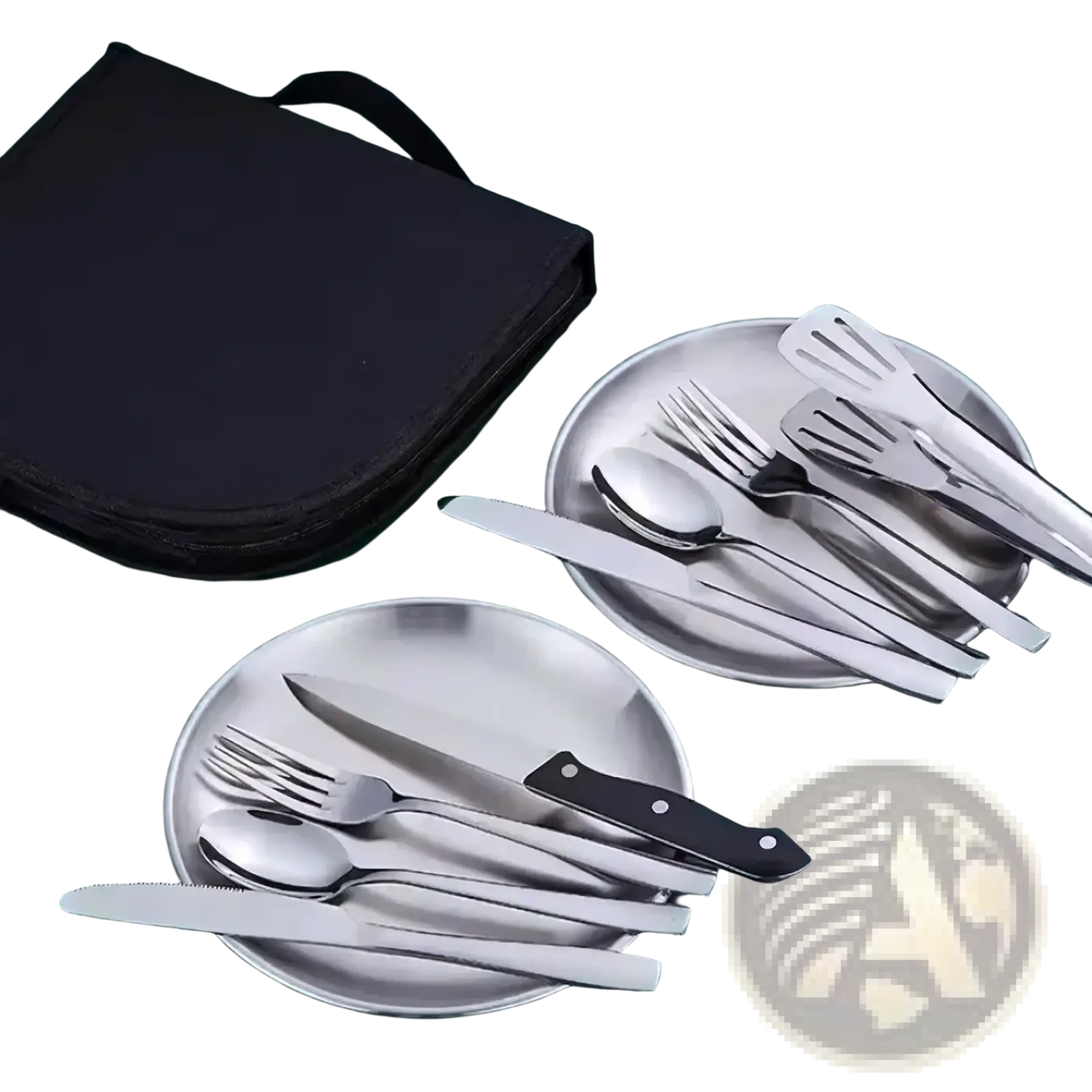 Portable camping dining set for two stainless steel with black-handled knives and silverware arranged on plates