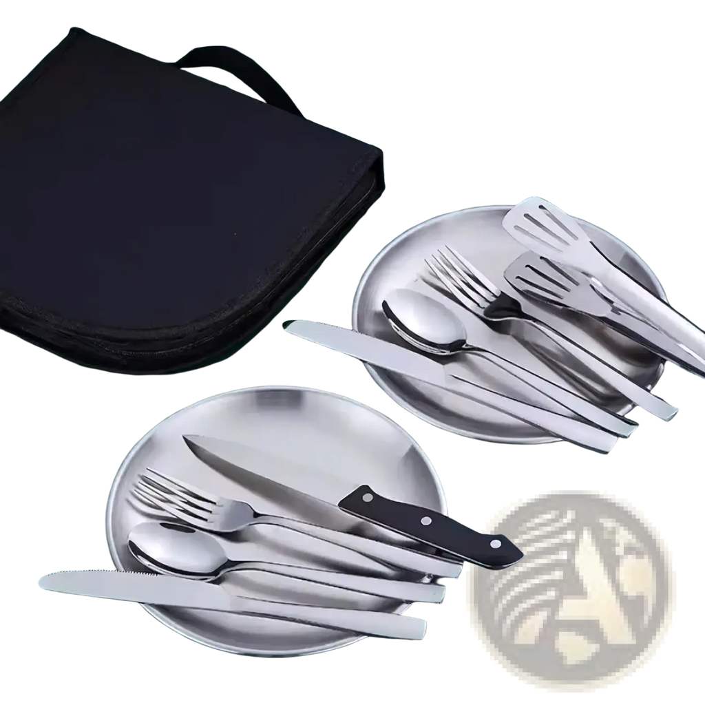 Portable camping dining set for two featuring stainless steel cutlery with black-handled knives on two plates