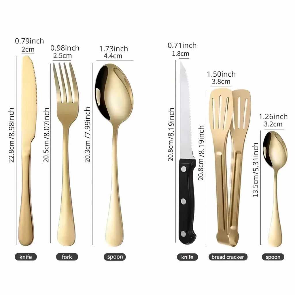 Gold-colored stainless steel portable camping dining set for two with sleek spoons forks and knives