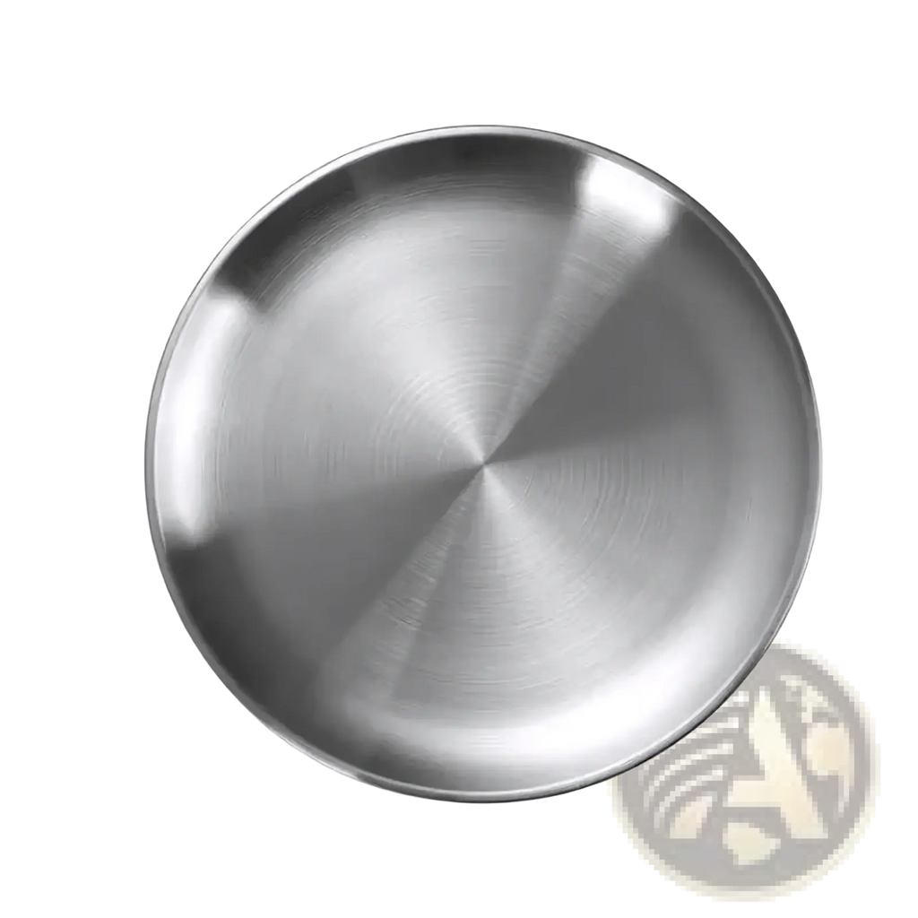 A sleek circular stainless steel plate with a brushed finish 20cm diameter from a portable camping dining set for two