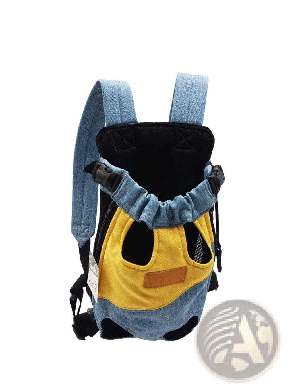 Denim and yellow portable canvas pet backpack carrier with adjustable straps and mesh ventilation shown from the back side