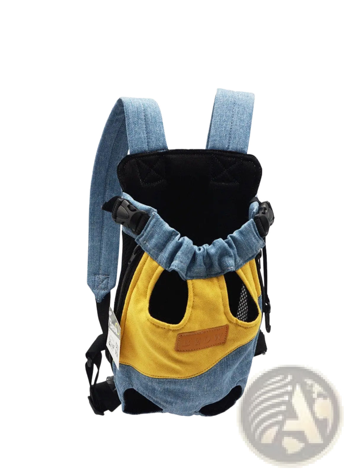 Denim and yellow portable canvas pet backpack carrier with adjustable straps and mesh ventilation shown from the back side