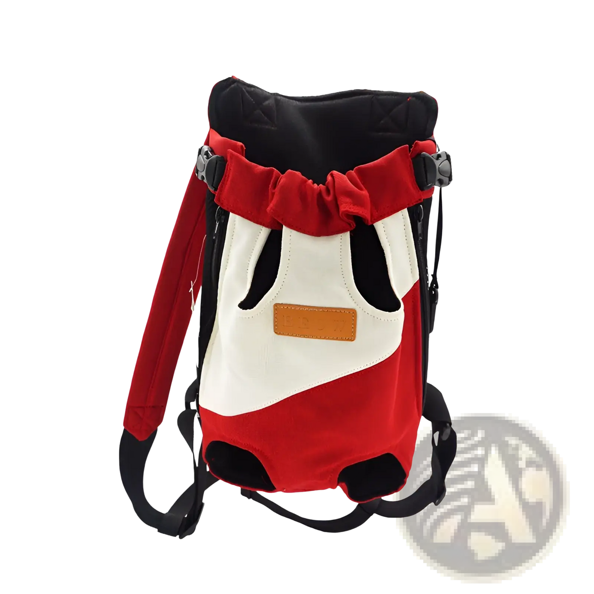 Red and white canvas portable pet backpack carrier with black accents drawstring top and adjustable straps