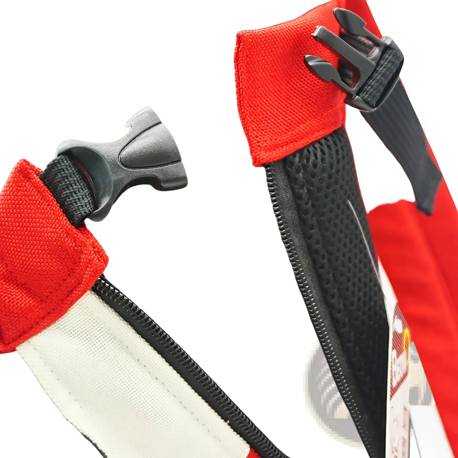 Portable canvas pet backpack carrier in red and black mesh with white trim and plastic buckles visible from the back side