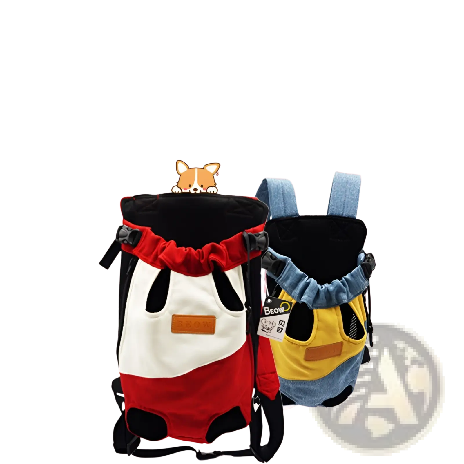 Portable canvas pet backpack carrier in red and white with black accents and a denim-style blue version beside it