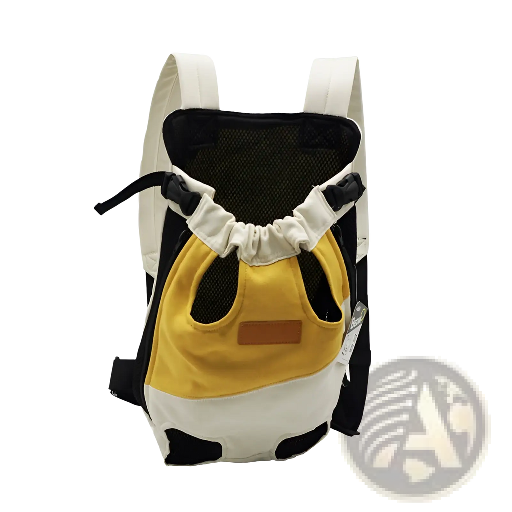 Portable canvas pet backpack carrier in yellow and white with black mesh panels, adjustable straps, and brown leather patch