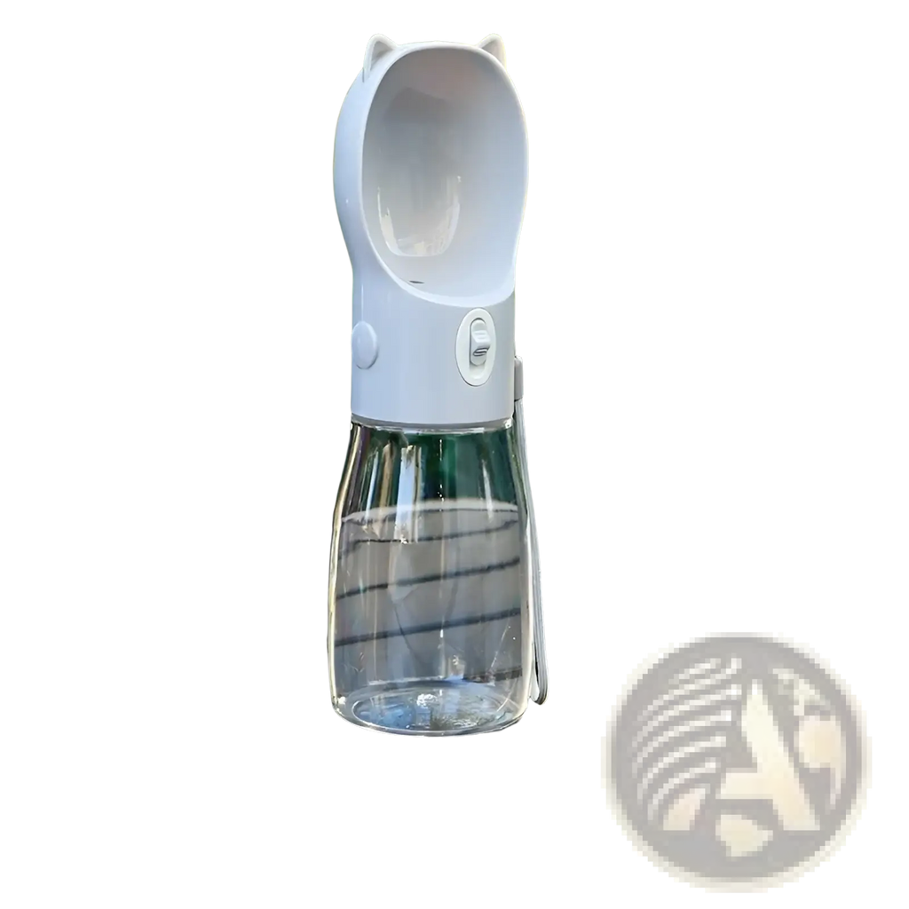 Portable cat ear pet water bottle with white cat-shaped gray plastic top and clear glass base for easy hydration